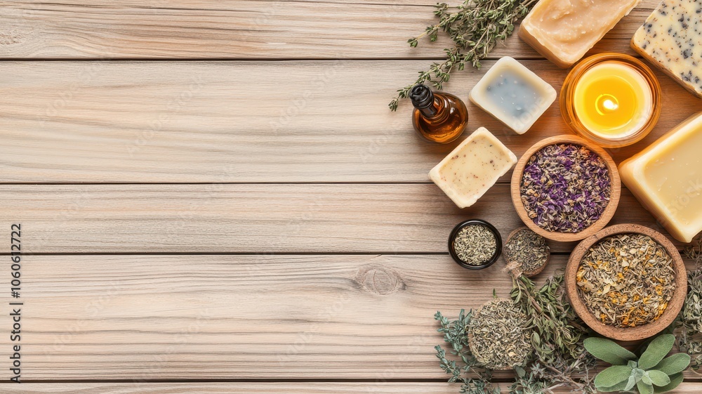 Aesthetic arrangement of natural ingredients, herbs, and candles on a wooden surface, perfect for wellness and relaxation themes. Aesthetic arrangement of natural ingredients, herbs, and candles on a wooden surface, perfect for wellness and relaxation themes.