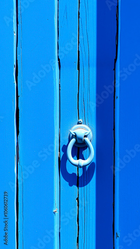 weathered blue door with metal ring pull handle