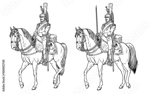 Heavy cavalry - cuirassier. Mounted soldier of the Napoleonic army. Historical drawing to color in.