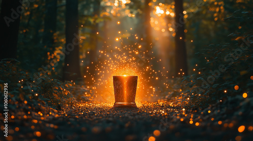 A small, glowing object sits in the middle of a forest