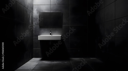 Lifestyle photo of a black-and-white themed bathroom with dark tiles and a white floating sink, creating a sleek look, 4k resolution