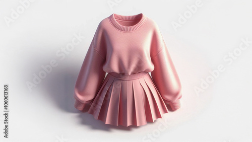 3d pink pleated skirt and pink sweater with shadows on plain background