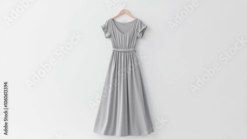 Gray dress hanging on plain white wall. photo