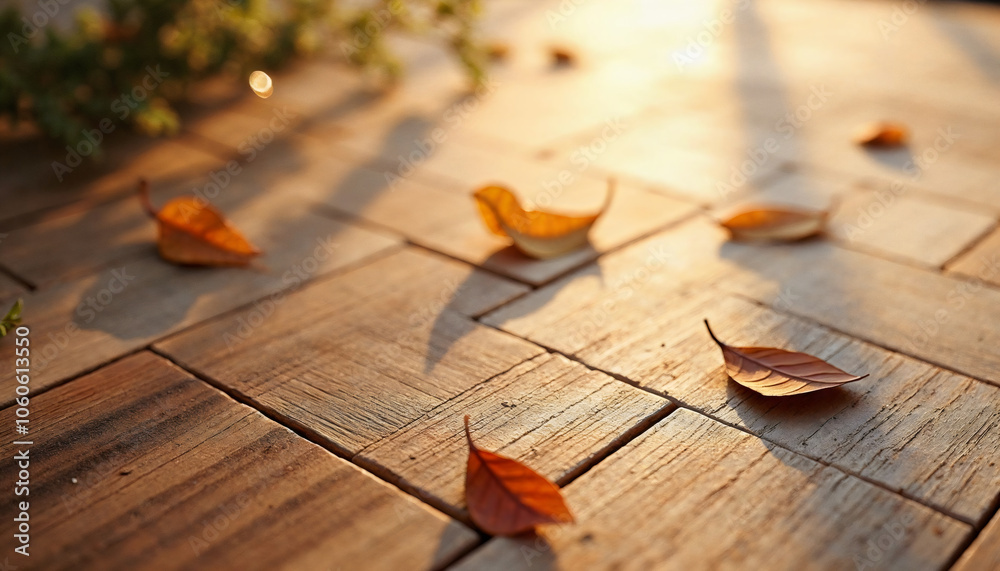Close-up view of autumn leaves scattered on a wooden floor, illuminated by gentle sunlight, evoking a cozy and serene atmosphere. Close-up view of autumn leaves scattered on a wooden floor, illuminated by gentle sunlight, evoking a cozy and serene atmosphere.