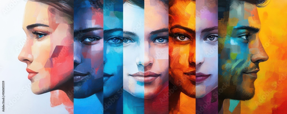 Obraz premium A vibrant, colorful artwork showcasing diverse faces in a linear arrangement, highlighting beauty and individuality.