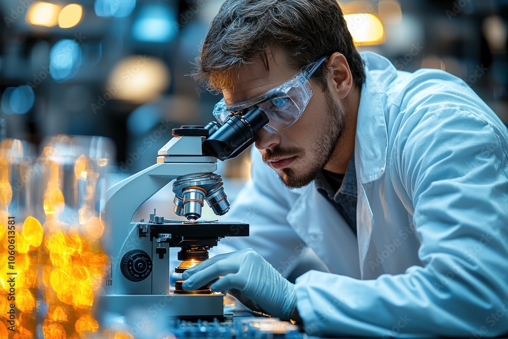 A Scientist Looking Through A Microscope In A Laboratory A Scientist Looking Through A Microscope In A Laboratory