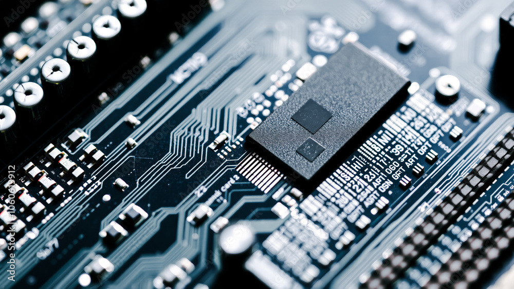close- view a circuit board with a small integrated chip close- view a circuit board with a small integrated chip