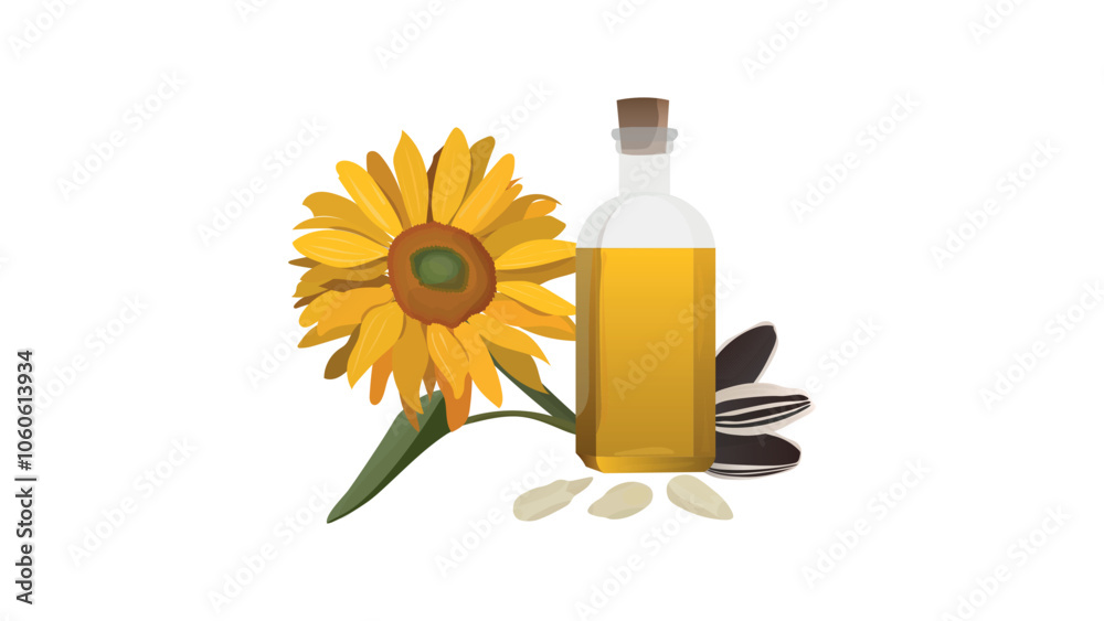 Set sunflower oil, flower, seeds and cereals. Sunflower seed oil in a bottle.Vector illustration with sunflowers and seed oil in a glass bottle. Set sunflower oil, flower, seeds and cereals. Sunflower seed oil in a bottle.Vector illustration with sunflowers and seed oil in a glass bottle.