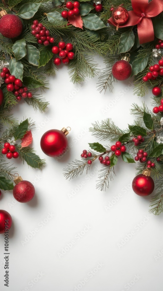 A festive background with Christmas decorations, pine branches, holly leaves, and red baubles, decoration