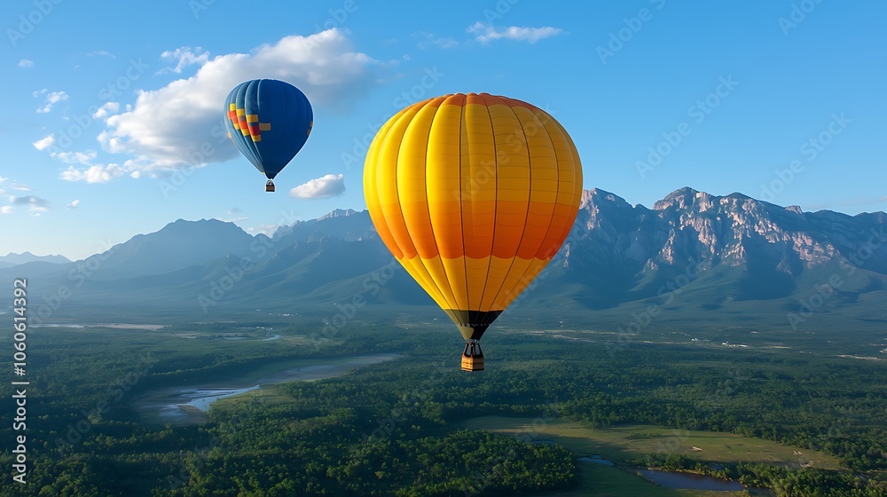 Obraz premium Colorful hot air balloons soar over majestic mountain landscape enhancing adventure and serenity experience
