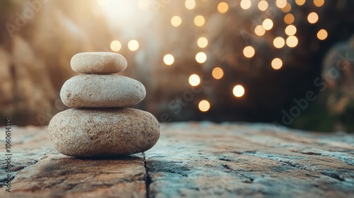 A harmonious stack of pebbles set against a backdrop of warm, softly glowing lights, evoking balance, tranquility, and a sense of grounding in nature. photo