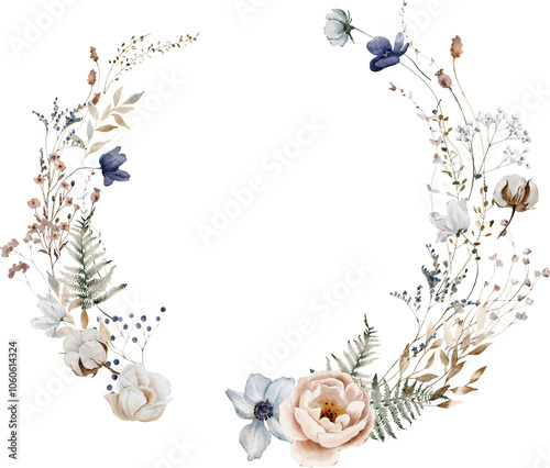 Watercolor Wreath with Roses, Dried Herbs and Cotton