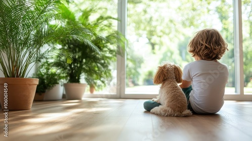 A young child and a fluffy dog sit side by side, gazing outside a window into a sunlit garden, capturing innocence and companionship in a serene home setting. photo