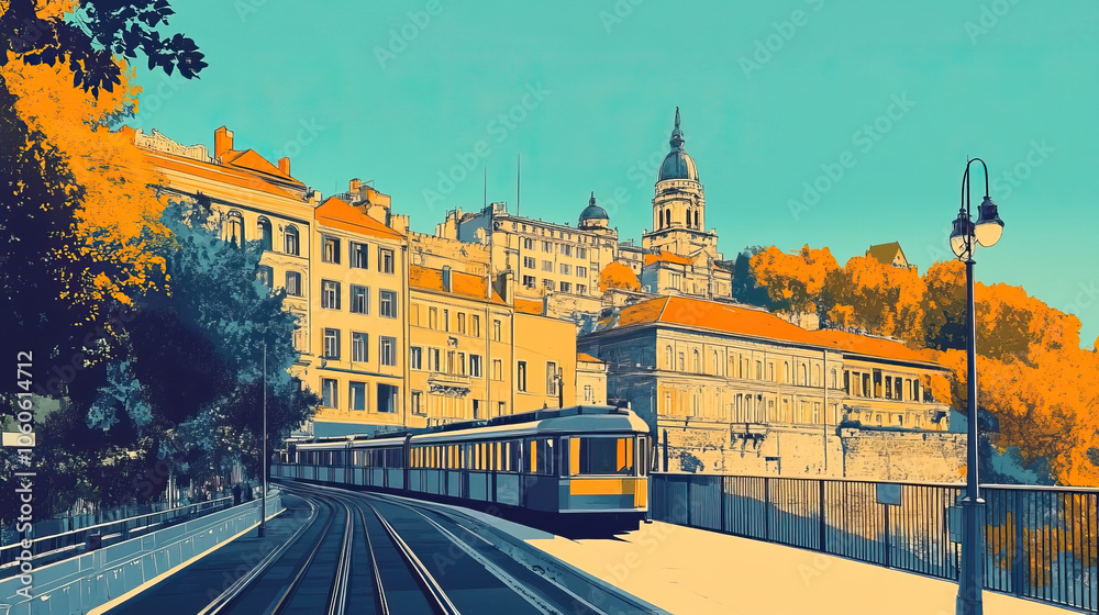 Fototapeta premium Belgrade, Serbia, french vintage Art Nouveau & Art Deco travel poster template. Cityscape and city skyline.Classic La Belle Epoque vichy art. Clear, simple, trendy