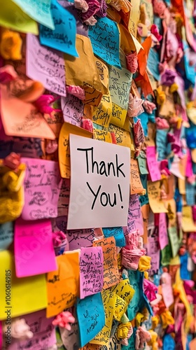 A textured assembly of sticky notes covered with various handwriting, showcasing a central white note with a bold 'Thank You!' message, representing appreciation.