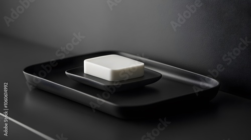 Lifestyle photo close-up of a minimalist, black sink with a white soap dish, simple and elegant contrast, 4k resolution photo