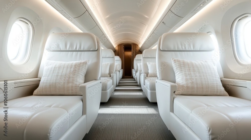 A modern airplane cabin with elegant cream-colored leather seats arranged in two rows, each with a plush pillow, exuding comfort and sophistication in design. A modern airplane cabin with elegant cream-colored leather seats arranged in two rows, each with a plush pillow, exuding comfort and sophistication in design.
