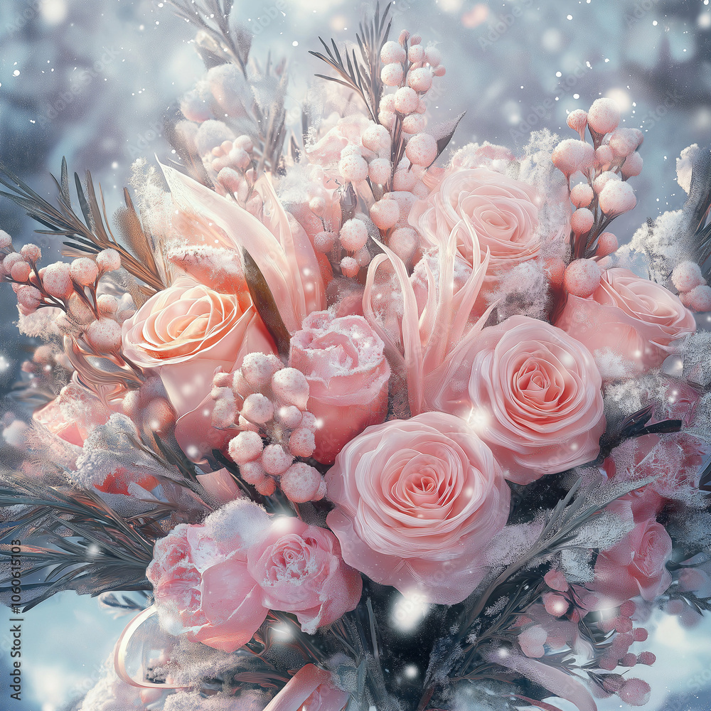 Charming bouquet of pink roses and delicate flowers for Valentine's Day in a winter setting Charming bouquet of pink roses and delicate flowers for Valentine's Day in a winter setting