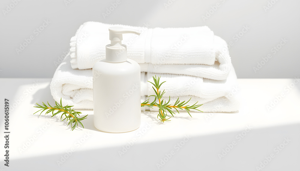 White cosmetic shampoo dispenser bottle mockup with towels and a rosemary on a white table isolated with white highlights, png White cosmetic shampoo dispenser bottle mockup with towels and a rosemary on a white table isolated with white highlights, png