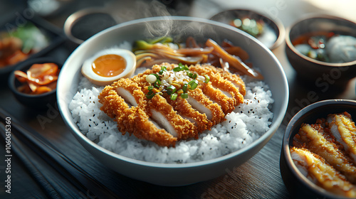 A steaming bowl of rice topped with crispy breaded chicken, a soft-boiled egg, and vegetables. photo