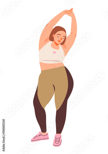 Woman, embodying body positivity and self-acceptance. Wellness and fitness, diversity and empowerment in personal health. Flat vector illustration