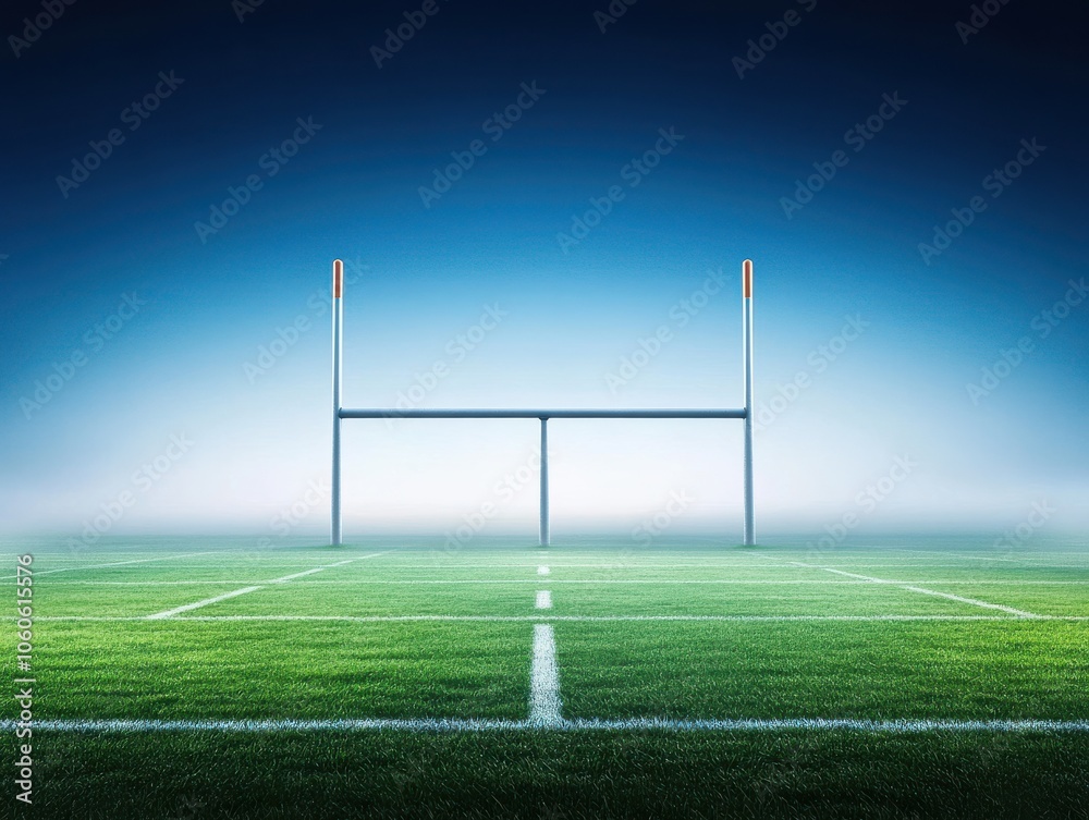 A vivid image of a rugby goal post on a well-maintained field, illuminated by a soft blue glow, perfect for sports-themed projects. A vivid image of a rugby goal post on a well-maintained field, illuminated by a soft blue glow, perfect for sports-themed projects.
