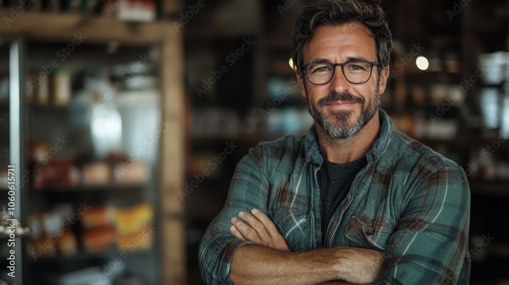 A confident man with glasses smiles in a rustic shop, surrounded by shelves, embodying warmth and friendliness in a cozy setting with a casual ambiance. A confident man with glasses smiles in a rustic shop, surrounded by shelves, embodying warmth and friendliness in a cozy setting with a casual ambiance.