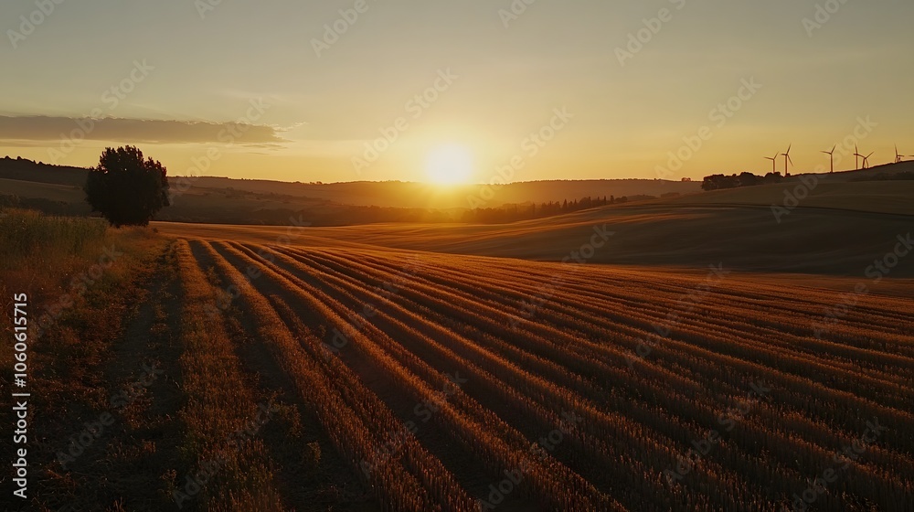Candid photo of wind turbines casting long shadows across a field at sunset, evoking the calm power of renewable energy, 4k resolution Candid photo of wind turbines casting long shadows across a field at sunset, evoking the calm power of renewable energy, 4k resolution
