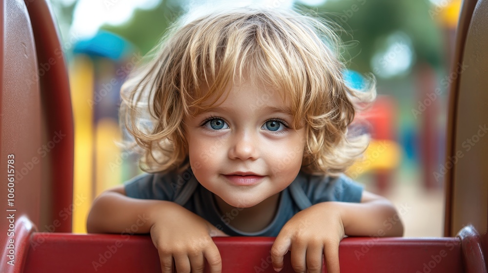 A joyful toddler with curly blonde hair smiles delightfully while perched on a playground slide, radiating innocence and happiness in a colorful, playful environment. A joyful toddler with curly blonde hair smiles delightfully while perched on a playground slide, radiating innocence and happiness in a colorful, playful environment.