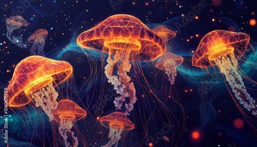 Glowing jelly fish in the blue sea
