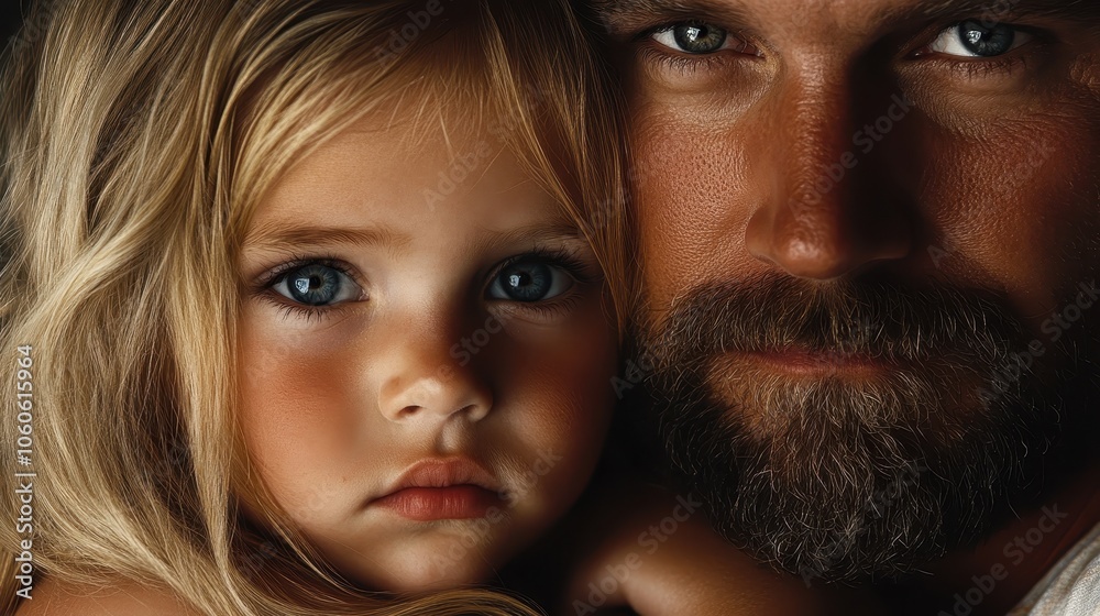 An intimate, close-up portrait of a father and daughter, showcasing their deep connection and emotional bond, with a focus on their striking eyes and expressions. An intimate, close-up portrait of a father and daughter, showcasing their deep connection and emotional bond, with a focus on their striking eyes and expressions.