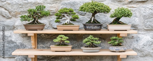 An array of beautifully styled bonsai trees arranged on a wooden shelf against a rustic stone wall, showcasing nature's artistry. photo