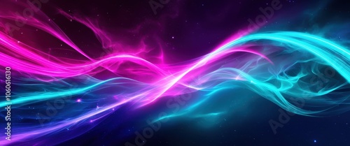 Cosmic waves, vibrant neon colors, flowing energy ribbons, deep space background, stars, abstract aurora, electric blue and magenta, dynamic motion, ethereal glow, digital art, surreal, colorful nebul