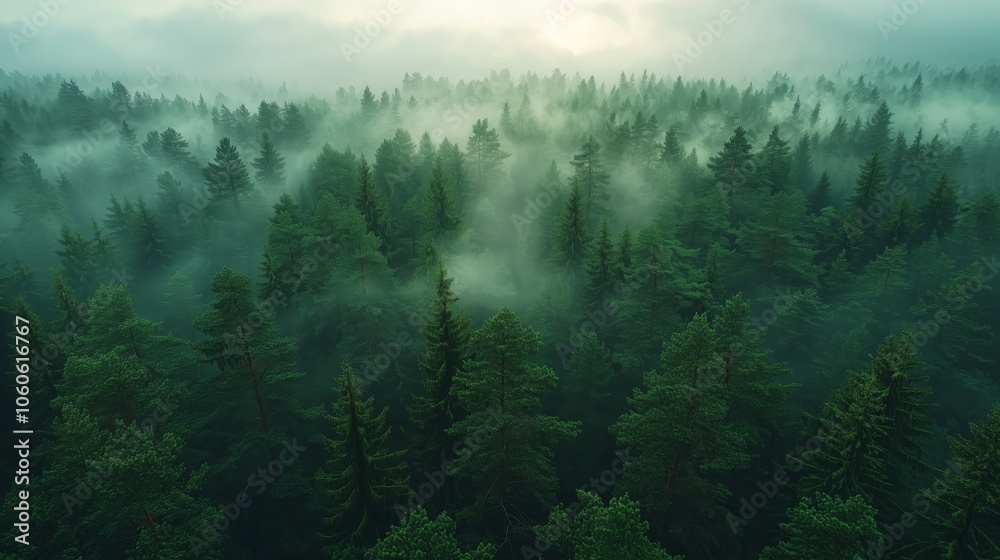 Soft Sunlight in a Dense Pine Forest During Morning Mist