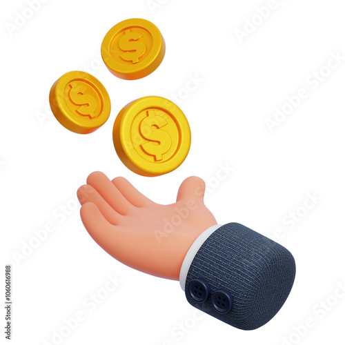 Businessman hand with coins flying isolated on white background. Money investment and business commerce. 3D Render illustration