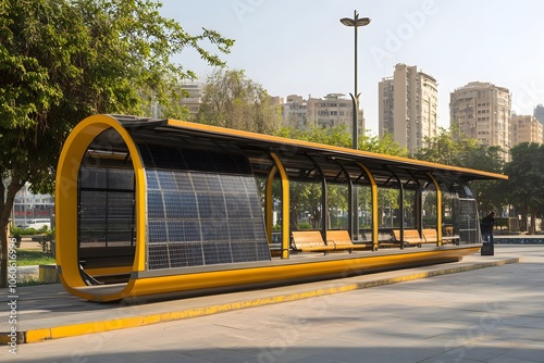 Candid photo of a city bus terminal equipped with solar-powered shelters, an innovative green transportation hub, 4k resolution photo