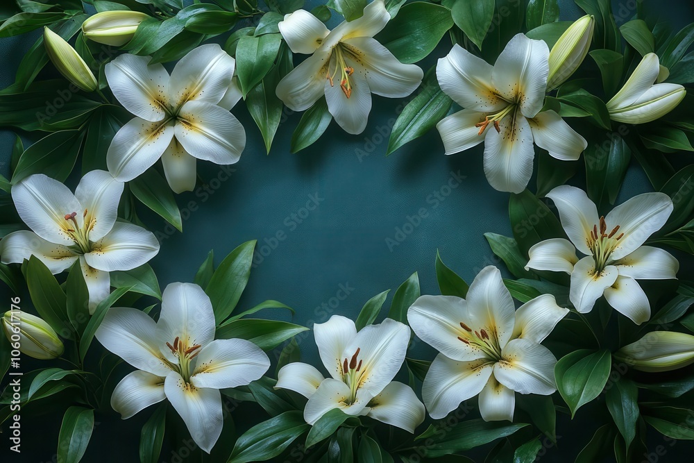 an elegant floral border crafted from white and cream lilies intertwined with lush green leaves creating a beautiful frame that enhances the beauty of any design or message within an elegant floral border crafted from white and cream lilies intertwined with lush green leaves creating a beautiful frame that enhances the beauty of any design or message within