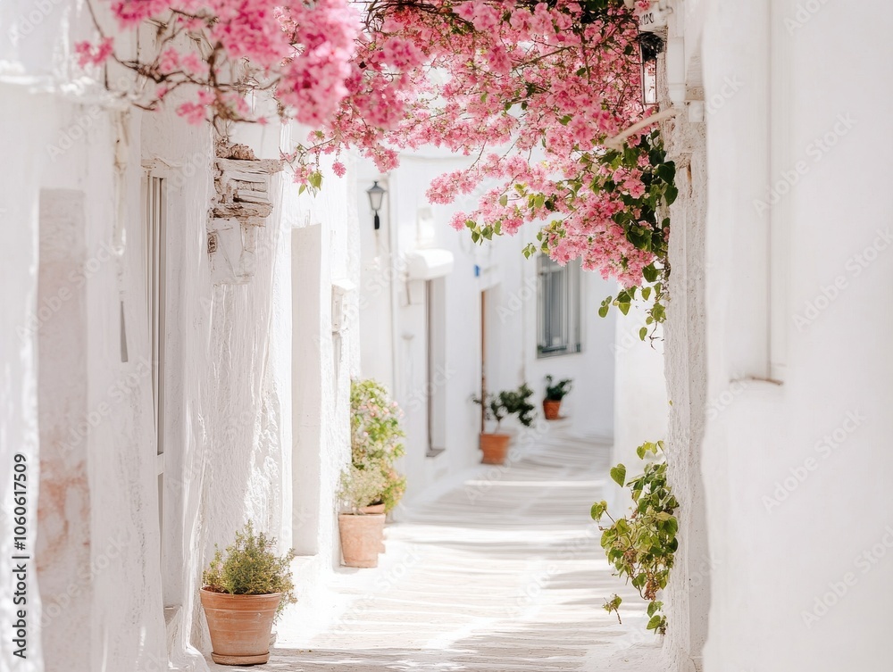 Charming alleyway adorned with vibrant pink flowers and whitewashed walls, creating a picturesque Mediterranean scene. Charming alleyway adorned with vibrant pink flowers and whitewashed walls, creating a picturesque Mediterranean scene.