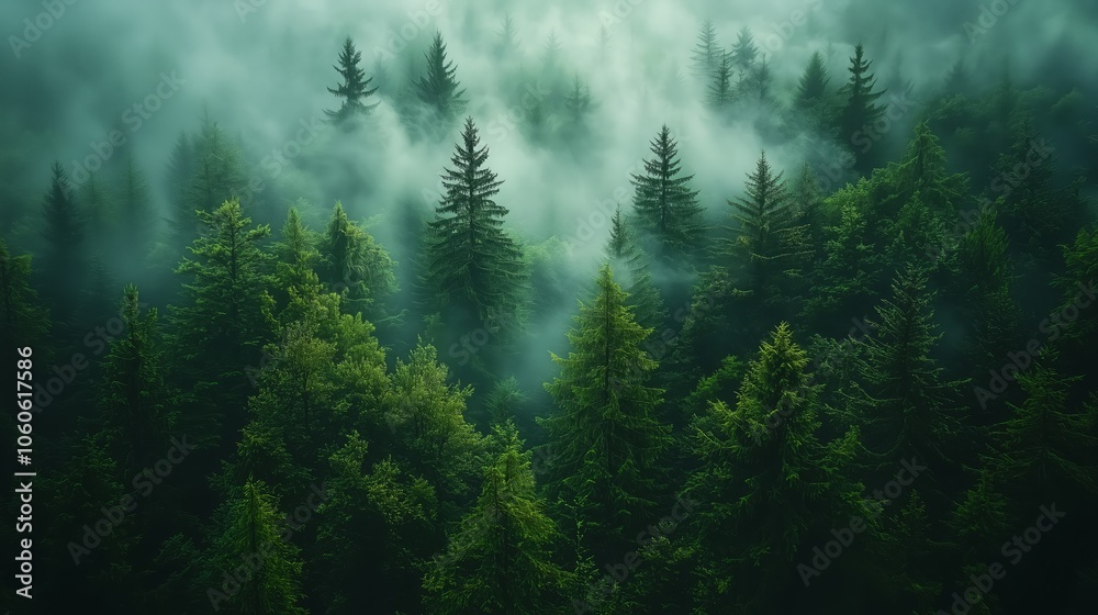Misty Morning in a Dense Pine Forest with Sunlight Misty Morning in a Dense Pine Forest with Sunlight