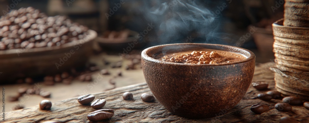 Aromatic Dark Roast Coffee with a Rustic Background, Steam Rising from a Freshly Brewed Cup Surrounded by Coffee Beans, Perfect for Coffee Lovers Aromatic Dark Roast Coffee with a Rustic Background, Steam Rising from a Freshly Brewed Cup Surrounded by Coffee Beans, Perfect for Coffee Lovers