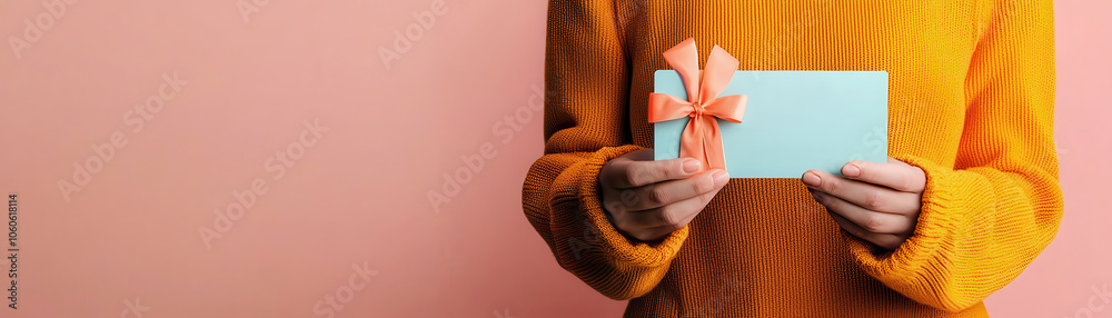 person holding gift voucher with bow, wearing orange sweater against pink background. scene conveys excitement and anticipation