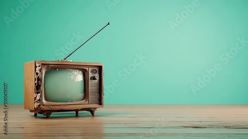 An old-fashioned television sits on a wooden table against a teal backdrop, conveying a sense of nostalgia and retro aesthetic, perfect for vintage decor themes. photo