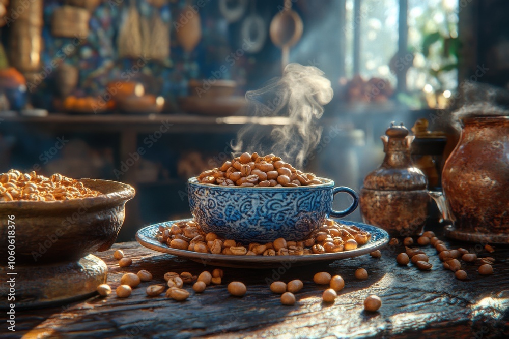 Fototapeta premium Artisan Coffee Beans in a Cozy Setup with Steam Rising from a Cup, Perfect for Coffee Lovers, A Delicious and Aromatic Experience