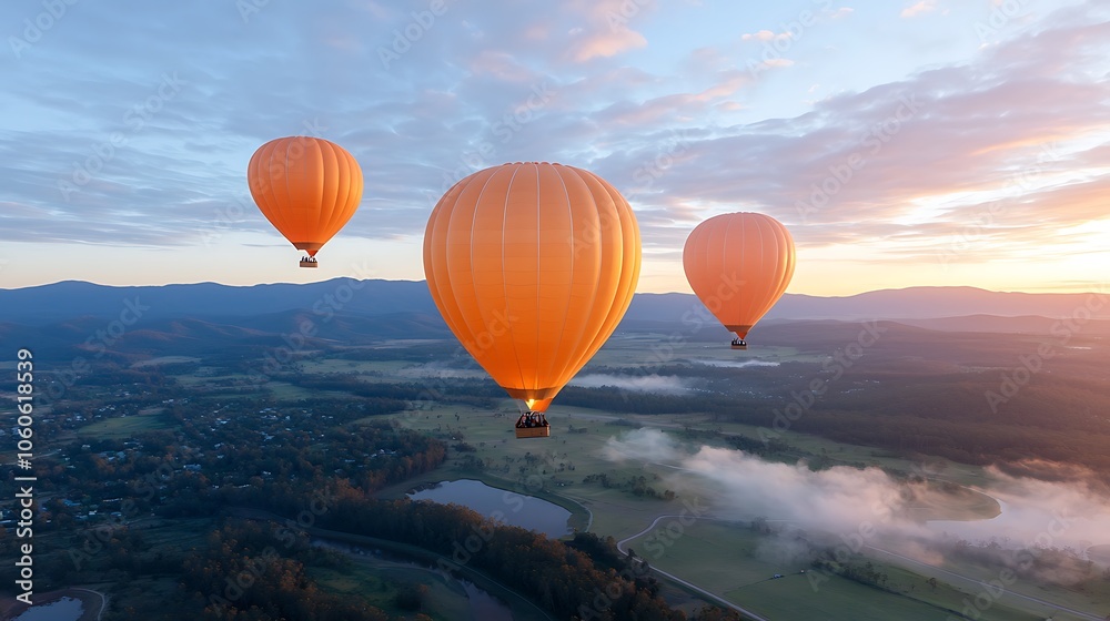 Obraz premium Colorful hot air balloons soar above serene landscape during sunrise capturing the beauty of nature's vistas