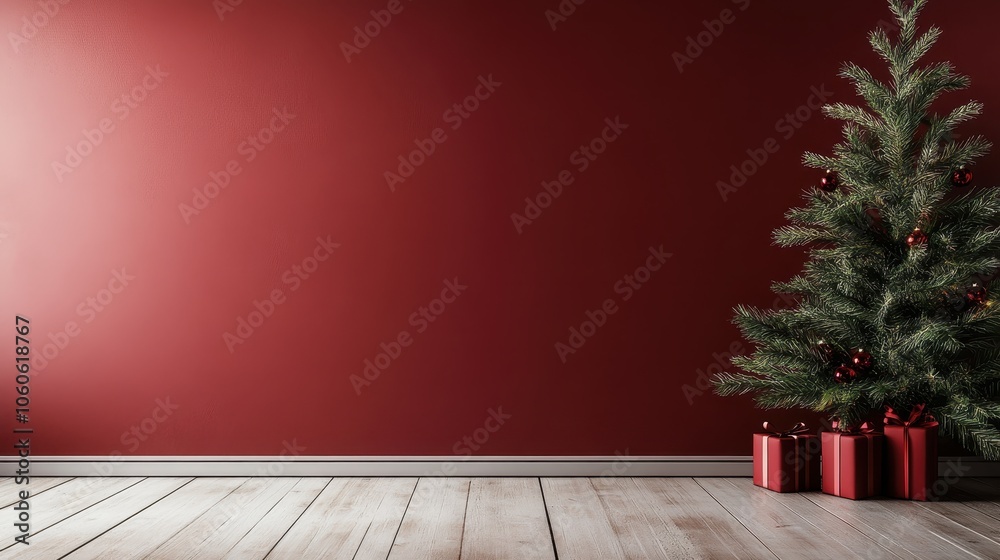 A modern Christmas setup features a minimalist tree and simple red gifts on a wooden floor, set against a deep red wall, offering a sleek, sophisticated atmosphere. A modern Christmas setup features a minimalist tree and simple red gifts on a wooden floor, set against a deep red wall, offering a sleek, sophisticated atmosphere.