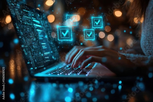 Woman Typing on Laptop with Check Marks Surrounding Her