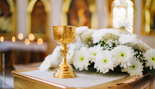 Gold chalice and white flowers on altar. All saints' day. Religious ceremony concept. photo