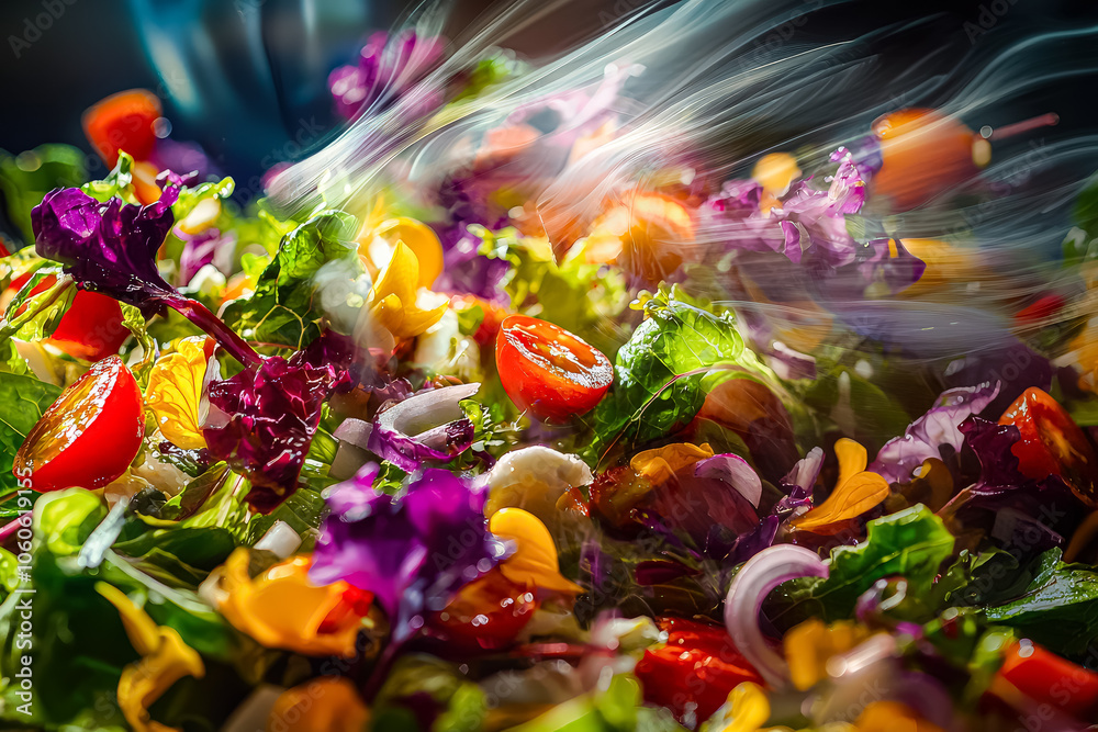 Colorful salad with a variety of vegetables and a few pieces of fruit. The salad is served in a glass bowl and has a smoky appearance Colorful salad with a variety of vegetables and a few pieces of fruit. The salad is served in a glass bowl and has a smoky appearance