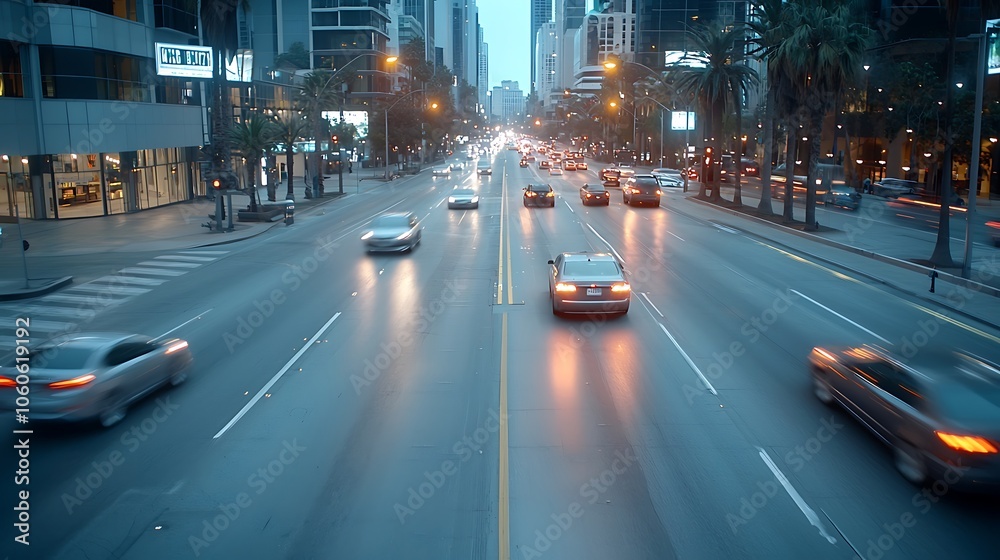 City traffic flow at dusk featuring cars and urban landscape under soft lighting City traffic flow at dusk featuring cars and urban landscape under soft lighting