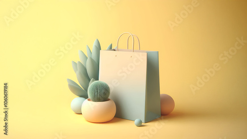 Eco-Friendly Shopping Bag with Succulents on Pastel Background
